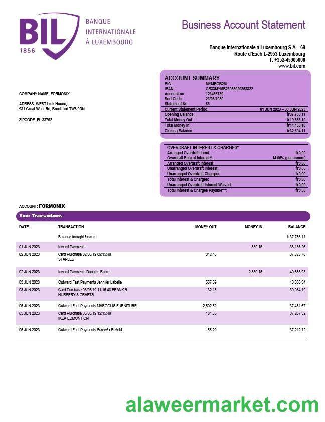 Banque Internationale a Luxembourg organization checking account statement Word and PDF template